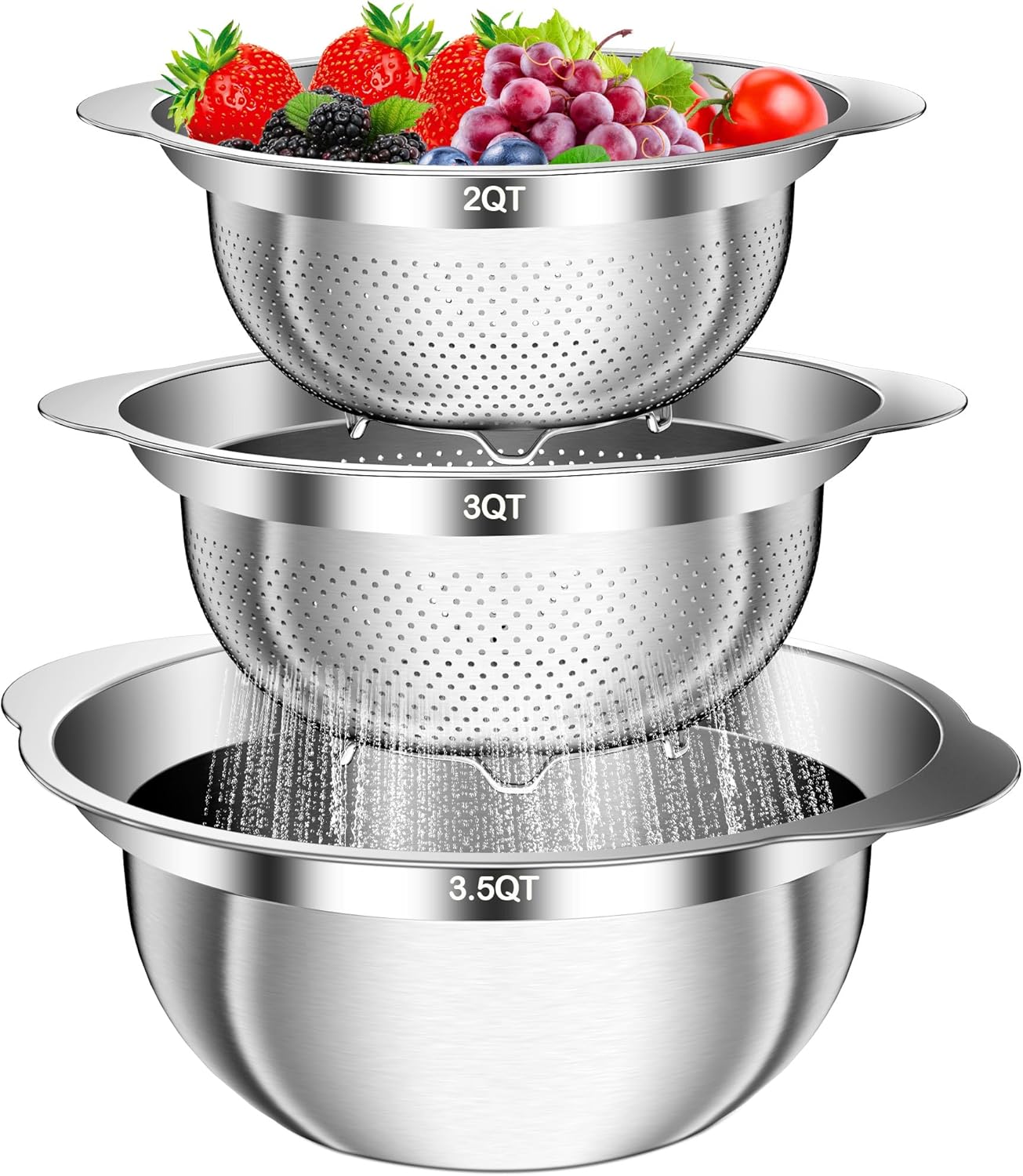 Colander, Stainless Steel Colander with Mixing Bowls (3.5QT), 3Pcs Strainer for Kitchen Gadget Food Strainer Basket with Handle, Colanders Bowl for Pasta Noodles Spaghetti Vegetables Fruit (3.5+3+2QT)