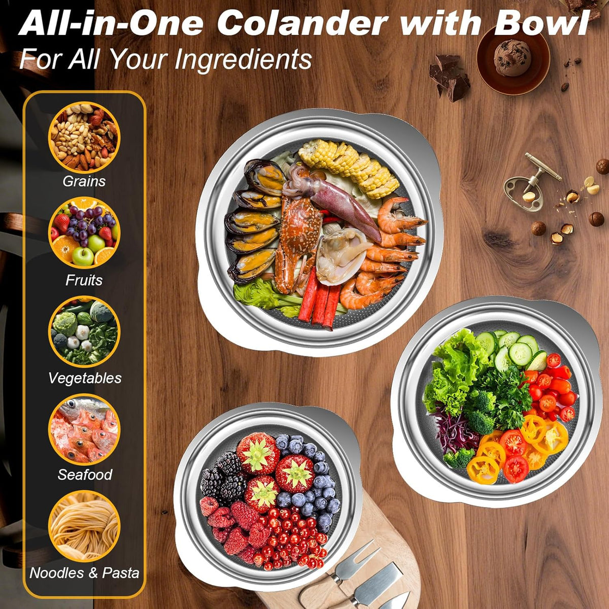 Colander, Stainless Steel Colander with Mixing Bowls (3.5QT), 3Pcs Strainer for Kitchen Gadget Food Strainer Basket with Handle, Colanders Bowl for Pasta Noodles Spaghetti Vegetables Fruit (3.5+3+2QT)