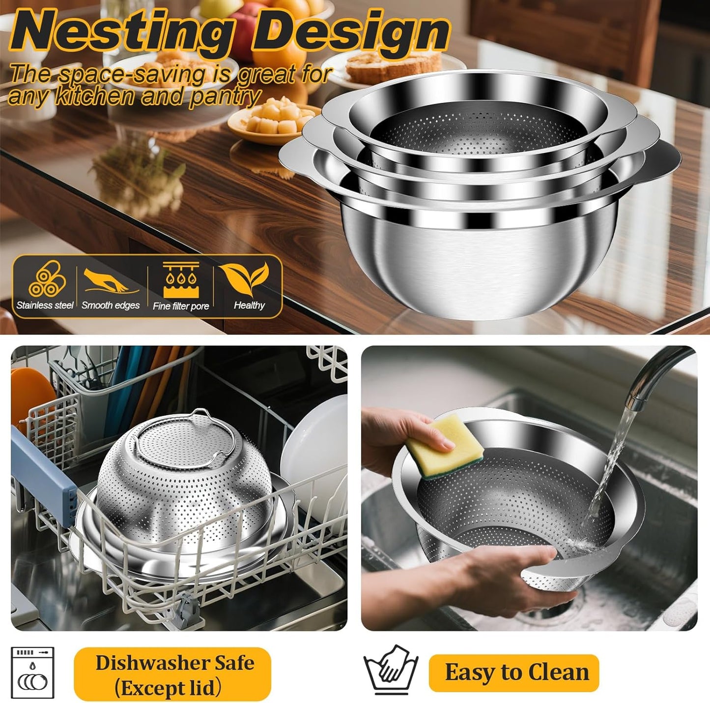 Colander, Stainless Steel Colander with Mixing Bowls (3.5QT), 3Pcs Strainer for Kitchen Gadget Food Strainer Basket with Handle, Colanders Bowl for Pasta Noodles Spaghetti Vegetables Fruit (3.5+3+2QT)