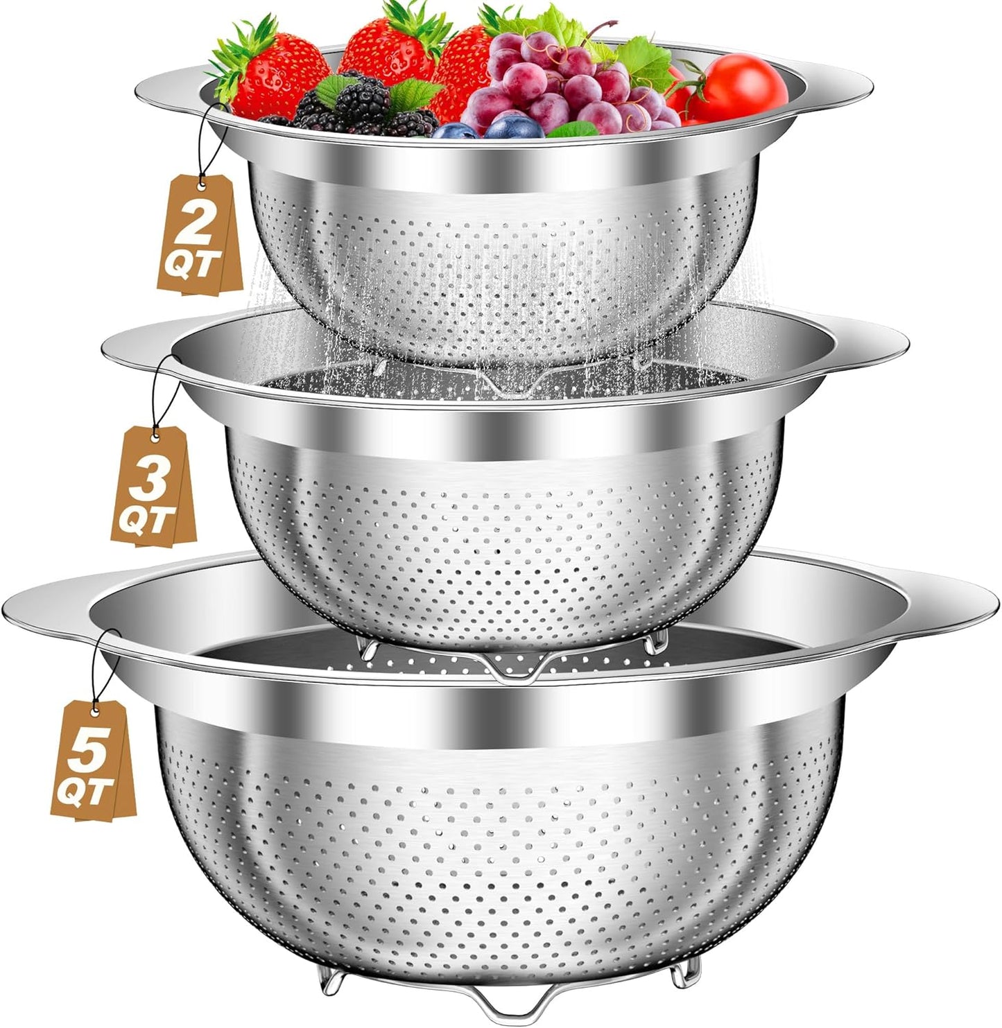 Colander, Stainless Steel Colander with Mixing Bowls (3.5QT), 3Pcs Strainer for Kitchen Gadget Food Strainer Basket with Handle, Colanders Bowl for Pasta Noodles Spaghetti Vegetables Fruit (3.5+3+2QT)