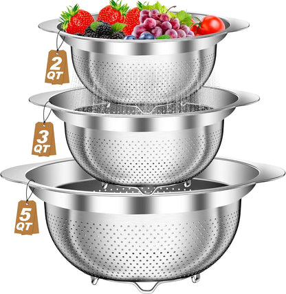 Colander, Stainless Steel Colander with Mixing Bowls (3.5QT), 3Pcs Strainer for Kitchen Gadget Food Strainer Basket with Handle, Colanders Bowl for Pasta Noodles Spaghetti Vegetables Fruit (3.5+3+2QT)