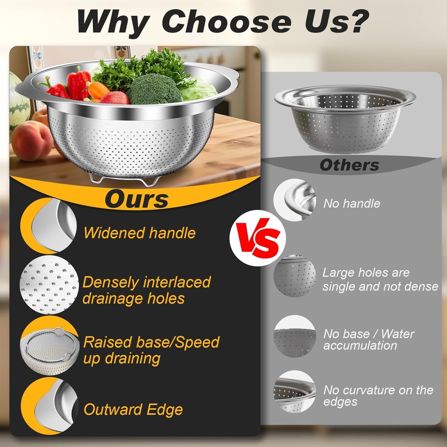 Colander, Stainless Steel Colander with Mixing Bowls (3.5QT), 3Pcs Strainer for Kitchen Gadget Food Strainer Basket with Handle, Colanders Bowl for Pasta Noodles Spaghetti Vegetables Fruit (3.5+3+2QT)