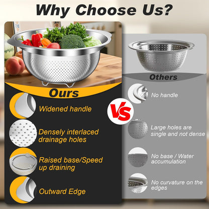 Colander, Stainless Steel Colander with Mixing Bowls (3.5QT), 3Pcs Strainer for Kitchen Gadget Food Strainer Basket with Handle, Colanders Bowl for Pasta Noodles Spaghetti Vegetables Fruit (3.5+3+2QT)