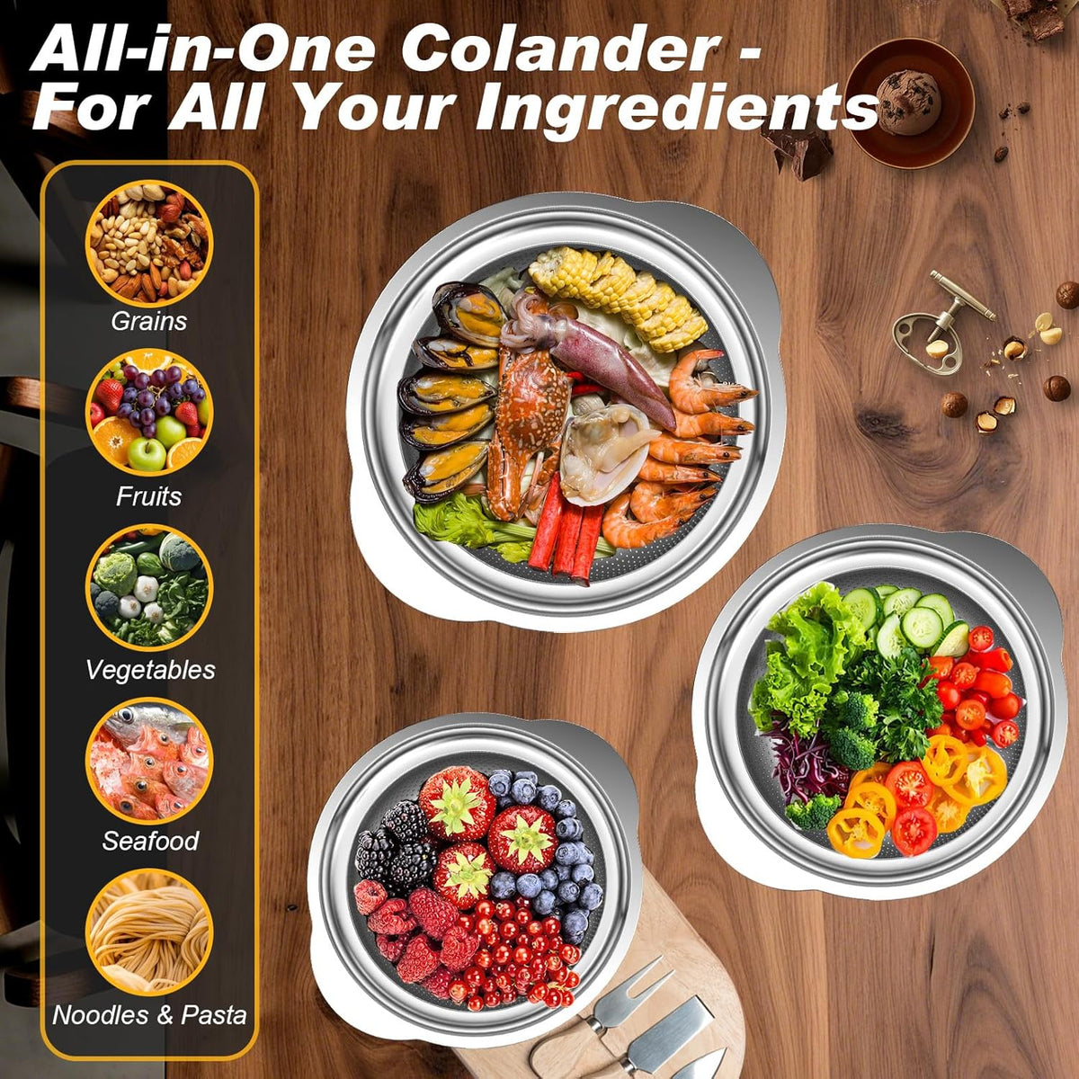 Colander, Stainless Steel Colander with Mixing Bowls (3.5QT), 3Pcs Strainer for Kitchen Gadget Food Strainer Basket with Handle, Colanders Bowl for Pasta Noodles Spaghetti Vegetables Fruit (3.5+3+2QT)
