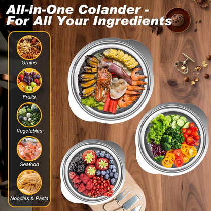 Colander, Stainless Steel Colander with Mixing Bowls (3.5QT), 3Pcs Strainer for Kitchen Gadget Food Strainer Basket with Handle, Colanders Bowl for Pasta Noodles Spaghetti Vegetables Fruit (3.5+3+2QT)