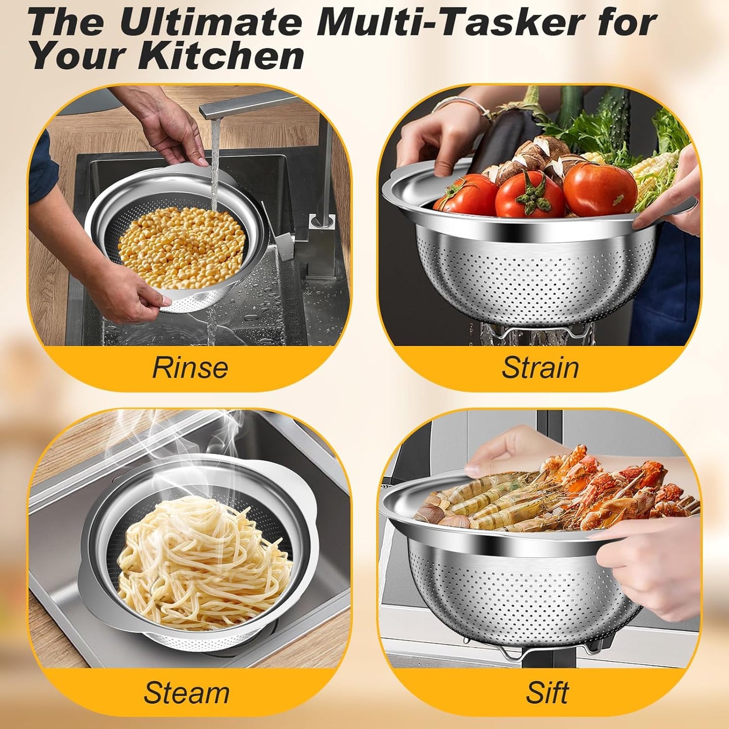 Colander, Stainless Steel Colander with Mixing Bowls (3.5QT), 3Pcs Strainer for Kitchen Gadget Food Strainer Basket with Handle, Colanders Bowl for Pasta Noodles Spaghetti Vegetables Fruit (3.5+3+2QT)