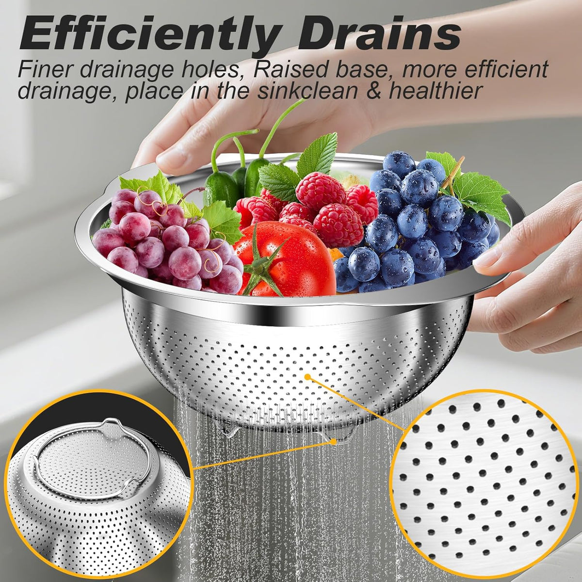 Colander, Stainless Steel Colander with Mixing Bowls (3.5QT), 3Pcs Strainer for Kitchen Gadget Food Strainer Basket with Handle, Colanders Bowl for Pasta Noodles Spaghetti Vegetables Fruit (3.5+3+2QT)