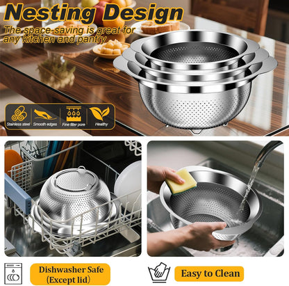 Colander, Stainless Steel Colander with Mixing Bowls (3.5QT), 3Pcs Strainer for Kitchen Gadget Food Strainer Basket with Handle, Colanders Bowl for Pasta Noodles Spaghetti Vegetables Fruit (3.5+3+2QT)