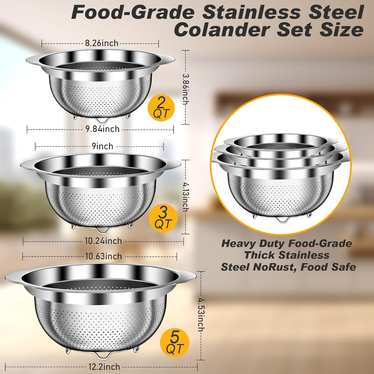 Colander, Stainless Steel Colander with Mixing Bowls (3.5QT), 3Pcs Strainer for Kitchen Gadget Food Strainer Basket with Handle, Colanders Bowl for Pasta Noodles Spaghetti Vegetables Fruit (3.5+3+2QT)