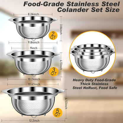 Colander, Stainless Steel Colander with Mixing Bowls (3.5QT), 3Pcs Strainer for Kitchen Gadget Food Strainer Basket with Handle, Colanders Bowl for Pasta Noodles Spaghetti Vegetables Fruit (3.5+3+2QT)