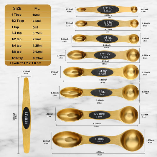 Gold Magnetic Measuring Spoons Set Stainless Steel with Leveler, Dual-Sided Stackable Metal Measuring Spoons for Baking & Cooking, Fits in Spice Jars, Heavy Duty Kitchen Gadgets, 8 Spoons & 1 Leveler