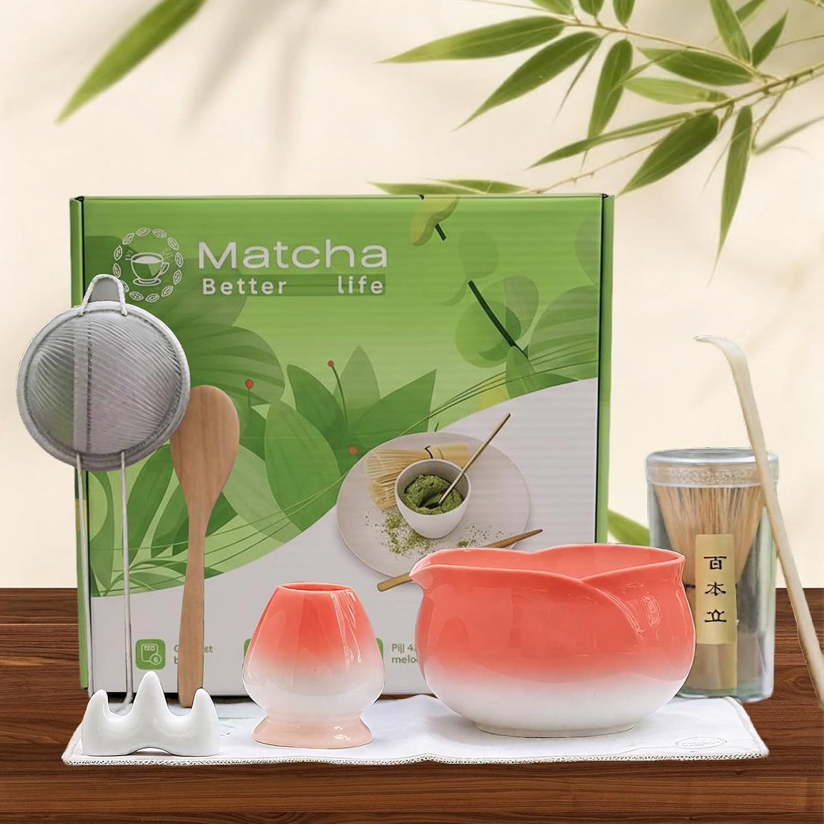 8 Pcs Matcha Whisk Set Chasen Matcha Whisk Bamboo Bowl with Spout Sifter Spoon Scoop Whisk Holder Bamboo Mat Complete Matcha Making Kit (Red Petal)