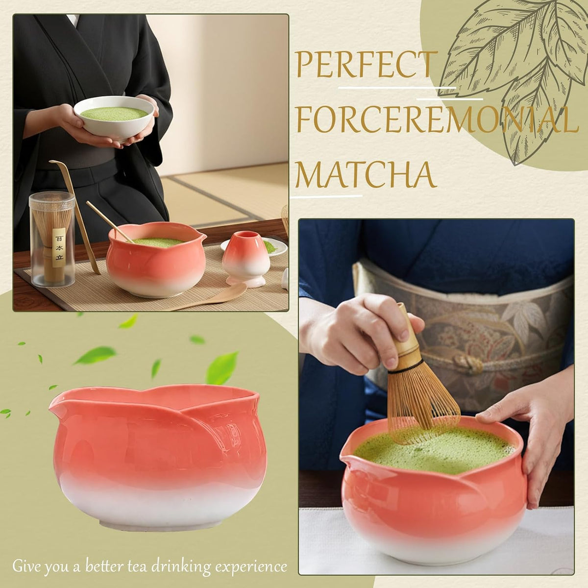 8 Pcs Matcha Whisk Set Chasen Matcha Whisk Bamboo Bowl with Spout Sifter Spoon Scoop Whisk Holder Bamboo Mat Complete Matcha Making Kit (Red Petal)