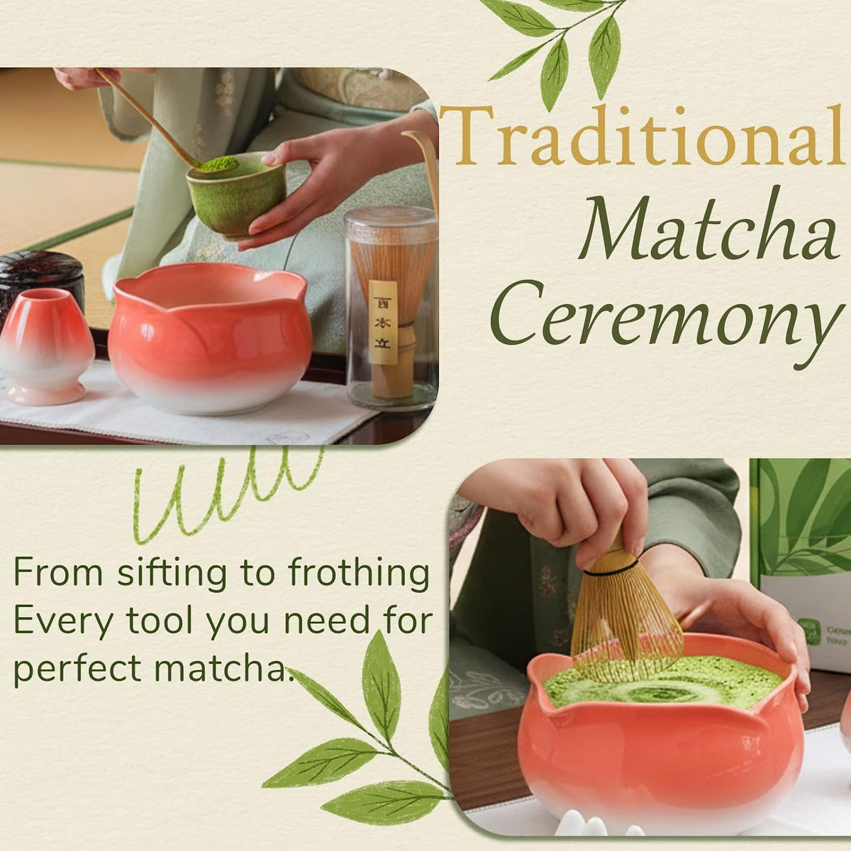 8 Pcs Matcha Whisk Set Chasen Matcha Whisk Bamboo Bowl with Spout Sifter Spoon Scoop Whisk Holder Bamboo Mat Complete Matcha Making Kit (Red Petal)