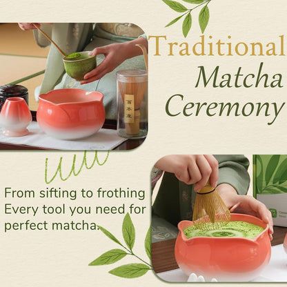 8 Pcs Matcha Whisk Set Chasen Matcha Whisk Bamboo Bowl with Spout Sifter Spoon Scoop Whisk Holder Bamboo Mat Complete Matcha Making Kit (Red Petal)