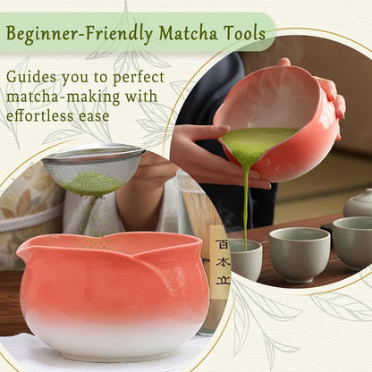 8 Pcs Matcha Whisk Set Chasen Matcha Whisk Bamboo Bowl with Spout Sifter Spoon Scoop Whisk Holder Bamboo Mat Complete Matcha Making Kit (Red Petal)