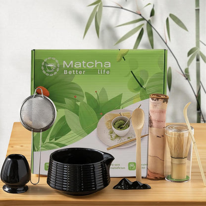 8 Pcs Matcha Whisk Set Chasen Matcha Whisk Bamboo Bowl with Spout Sifter Spoon Scoop Whisk Holder Bamboo Mat Complete Matcha Making Kit (Red Petal)