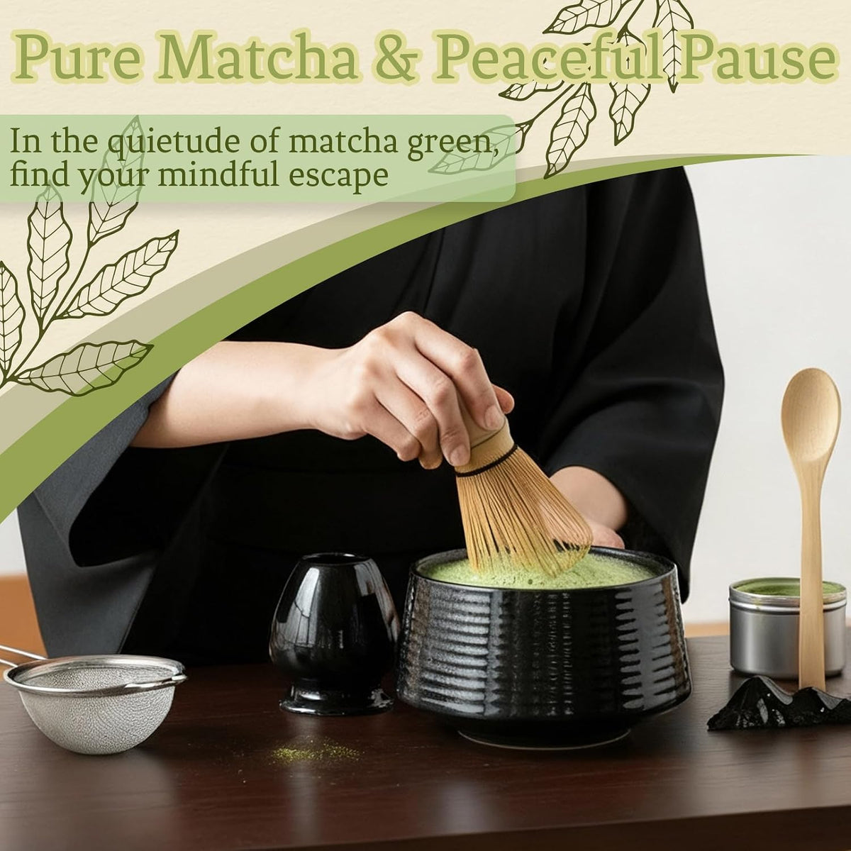 8 Pcs Matcha Whisk Set Chasen Matcha Whisk Bamboo Bowl with Spout Sifter Spoon Scoop Whisk Holder Bamboo Mat Complete Matcha Making Kit (Red Petal)