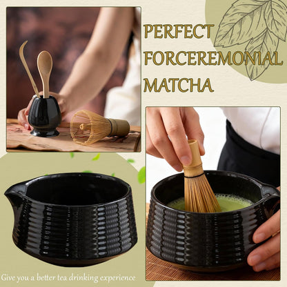 8 Pcs Matcha Whisk Set Chasen Matcha Whisk Bamboo Bowl with Spout Sifter Spoon Scoop Whisk Holder Bamboo Mat Complete Matcha Making Kit (Red Petal)