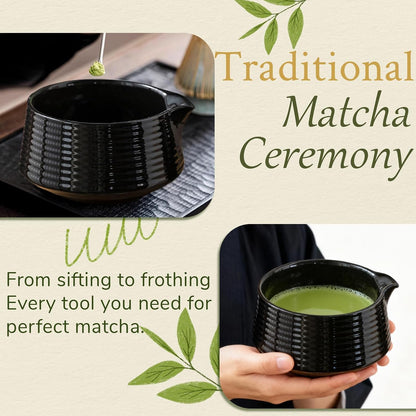 8 Pcs Matcha Whisk Set Chasen Matcha Whisk Bamboo Bowl with Spout Sifter Spoon Scoop Whisk Holder Bamboo Mat Complete Matcha Making Kit (Red Petal)