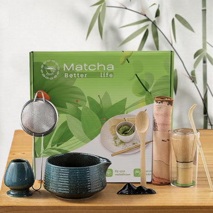 8 Pcs Matcha Whisk Set Chasen Matcha Whisk Bamboo Bowl with Spout Sifter Spoon Scoop Whisk Holder Bamboo Mat Complete Matcha Making Kit (Red Petal)
