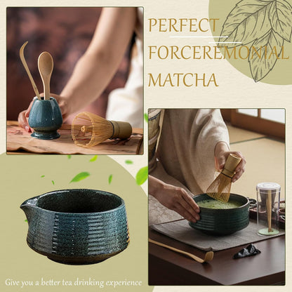 8 Pcs Matcha Whisk Set Chasen Matcha Whisk Bamboo Bowl with Spout Sifter Spoon Scoop Whisk Holder Bamboo Mat Complete Matcha Making Kit (Red Petal)