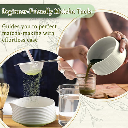 8 Pcs Matcha Whisk Set Chasen Matcha Whisk Bamboo Bowl with Spout Sifter Spoon Scoop Whisk Holder Bamboo Mat Complete Matcha Making Kit (Red Petal)