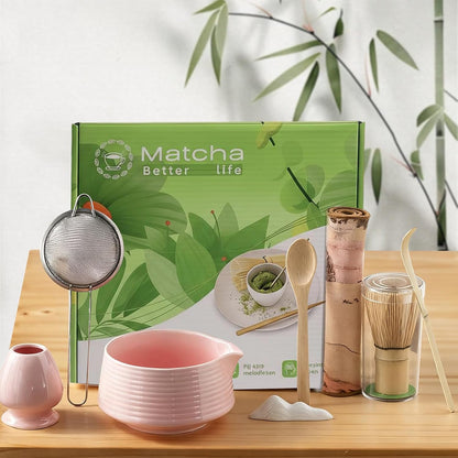 8 Pcs Matcha Whisk Set Chasen Matcha Whisk Bamboo Bowl with Spout Sifter Spoon Scoop Whisk Holder Bamboo Mat Complete Matcha Making Kit (Red Petal)