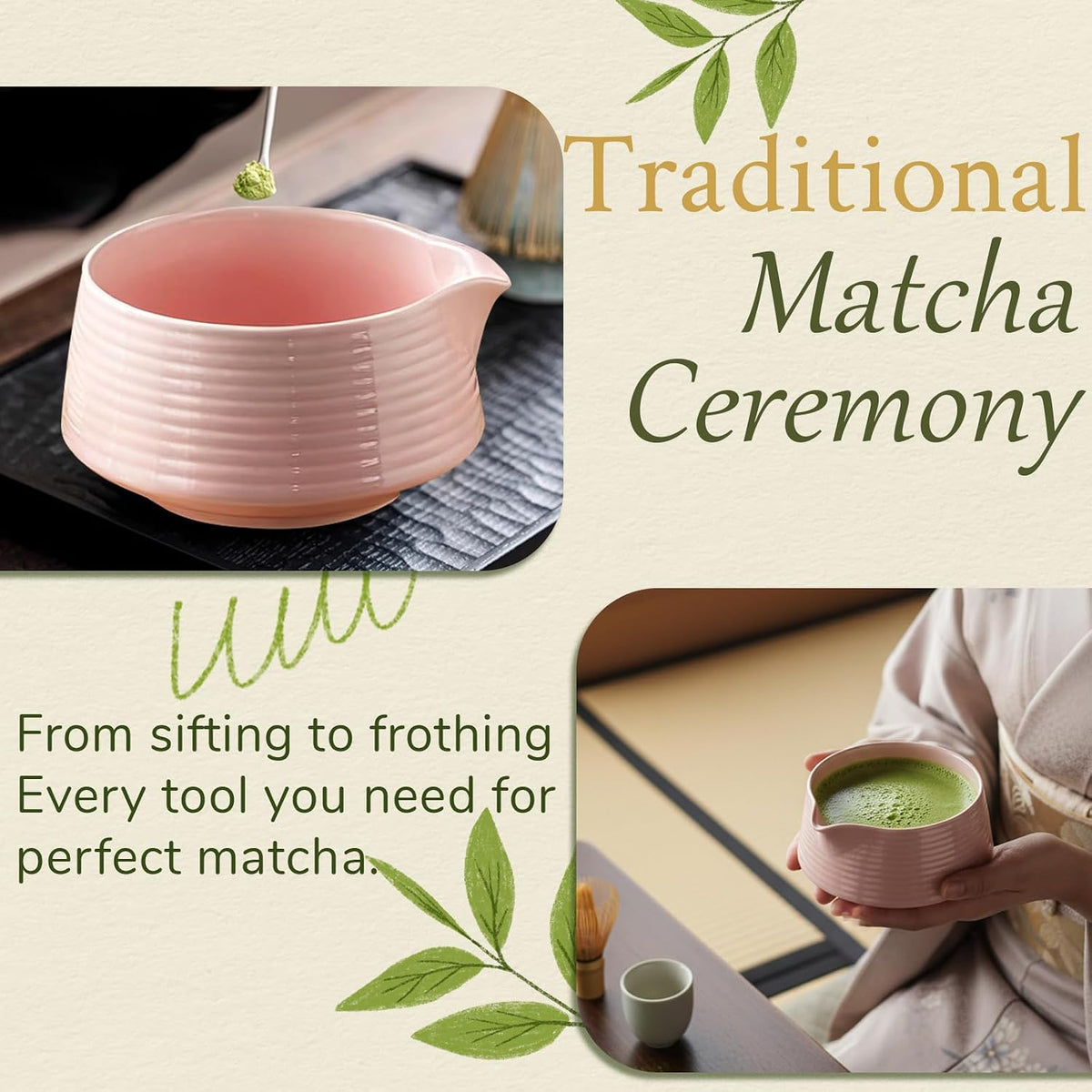 8 Pcs Matcha Whisk Set Chasen Matcha Whisk Bamboo Bowl with Spout Sifter Spoon Scoop Whisk Holder Bamboo Mat Complete Matcha Making Kit (Red Petal)