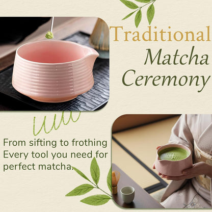 8 Pcs Matcha Whisk Set Chasen Matcha Whisk Bamboo Bowl with Spout Sifter Spoon Scoop Whisk Holder Bamboo Mat Complete Matcha Making Kit (Red Petal)