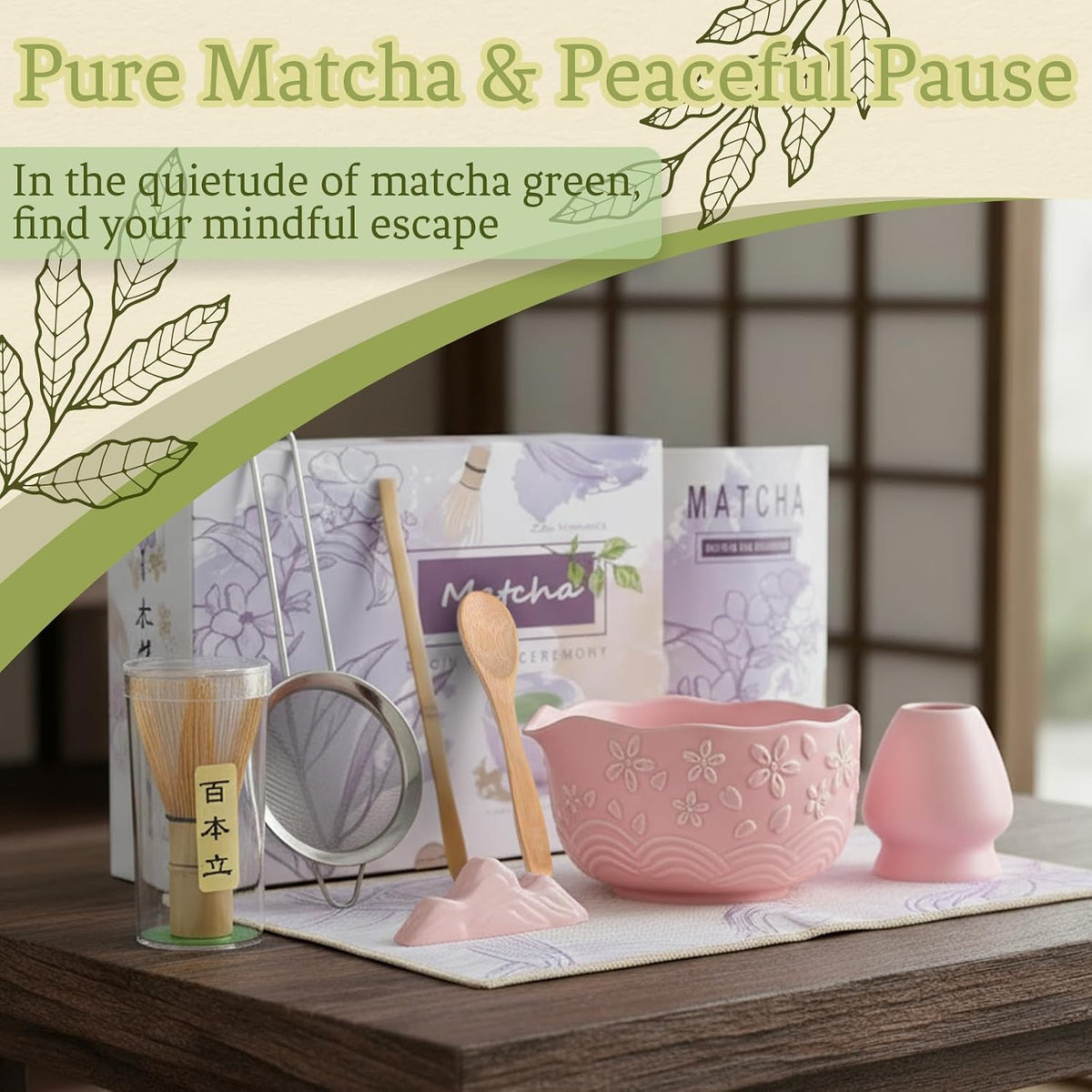 8 Pcs Matcha Whisk Set Chasen Matcha Whisk Bamboo Bowl with Spout Sifter Spoon Scoop Whisk Holder Bamboo Mat Complete Matcha Making Kit (Red Petal)