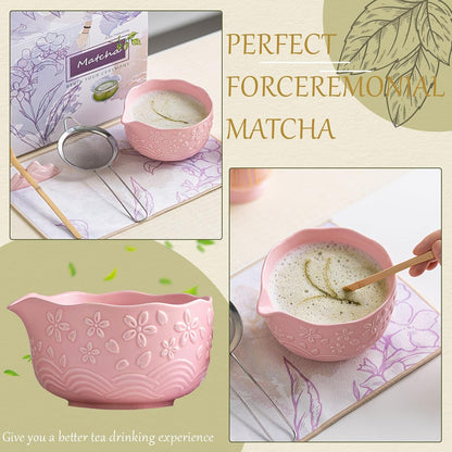 8 Pcs Matcha Whisk Set Chasen Matcha Whisk Bamboo Bowl with Spout Sifter Spoon Scoop Whisk Holder Bamboo Mat Complete Matcha Making Kit (Red Petal)