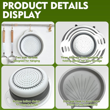 Collapsible Colanders Set, 3 Pack Food Strainers with Over-Sink Water Draining Base for Pasta Fruits and Vegetables