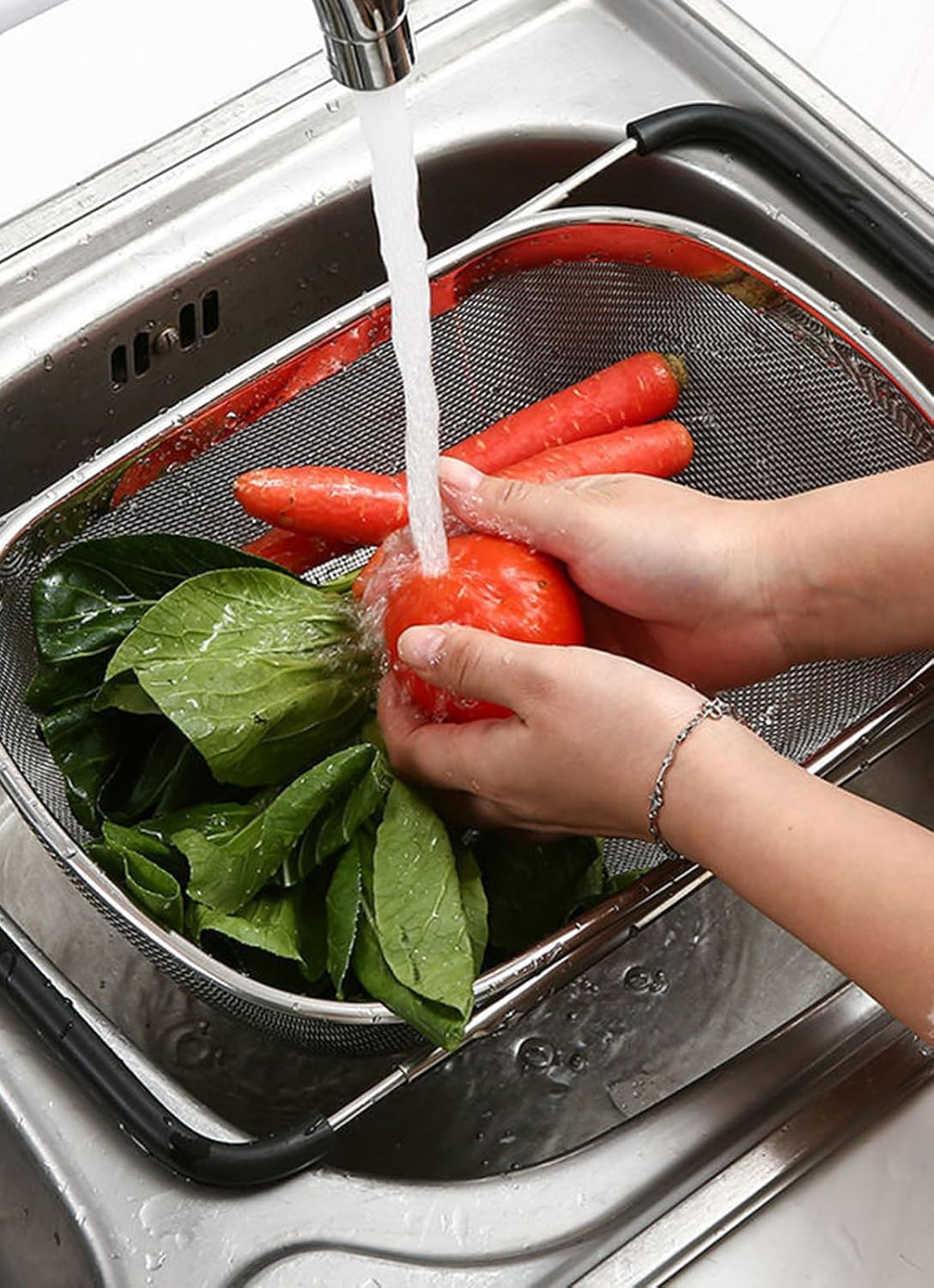 Fine Mesh Colander Over The Sink 6 Quart Stainless Steel Strainer Basket | Expandable Rubber Grip Handles - Strain, Drain, Rinse Fruits, Vegetables