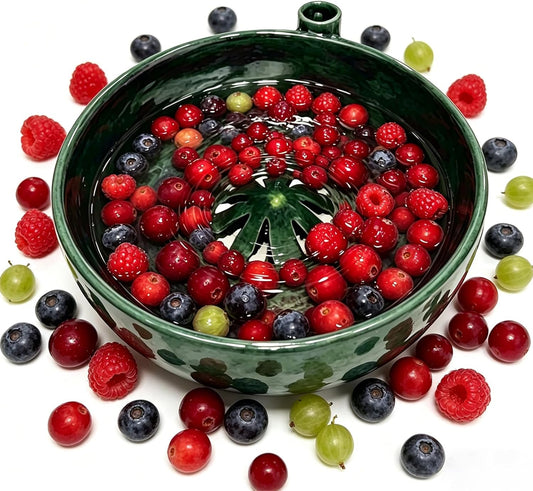 Self Spinning Ceramic Berry Washing Bowl, Berry Bowls with Holes Ceramic, 360° Rotating Fruit Strainer, Integrated Rapiddrain Base, for Fruits, Vegetables, Berries (1Pcs)