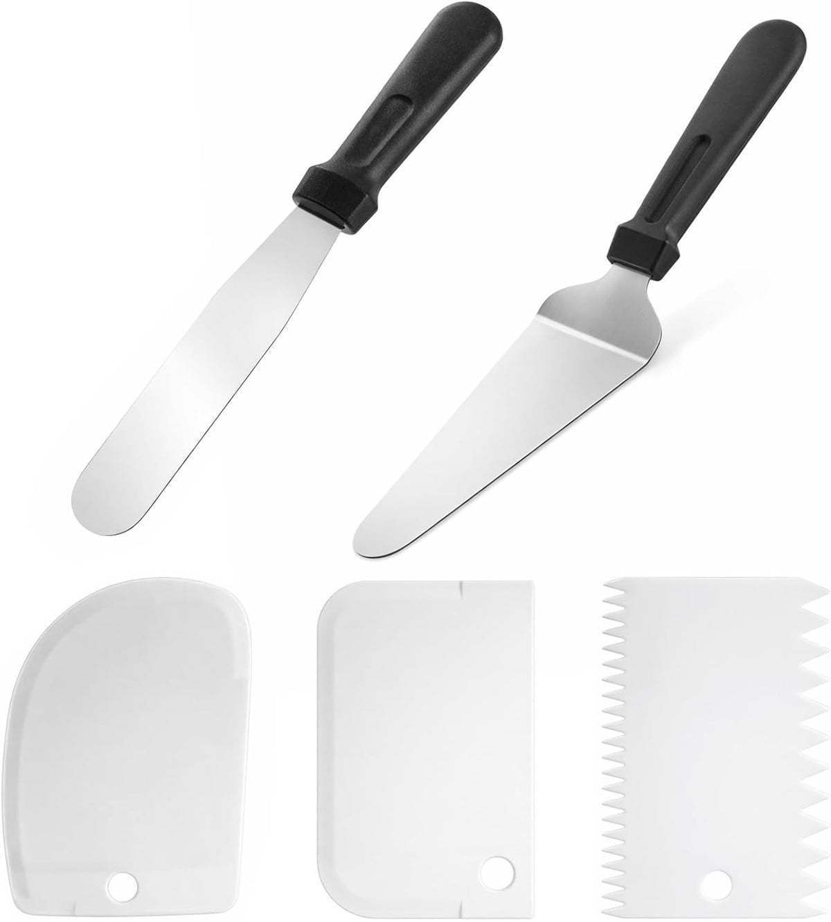 2 Pcs Offset Spatula for Cake Decorating and 3 Pcs Icing Smoother, 10” Stainless Steel Frosting Straight Angled Spatulas Cake Frosting Spatula for Cakes Decorating, Baking Beginners and Pros, White