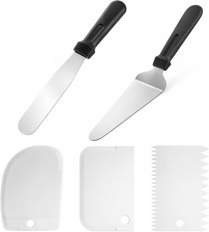 2 Pcs Offset Spatula for Cake Decorating and 3 Pcs Icing Smoother, 10” Stainless Steel Frosting Straight Angled Spatulas Cake Frosting Spatula for Cakes Decorating, Baking Beginners and Pros, White