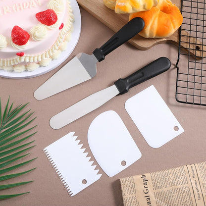 2 Pcs Offset Spatula for Cake Decorating and 3 Pcs Icing Smoother, 10” Stainless Steel Frosting Straight Angled Spatulas Cake Frosting Spatula for Cakes Decorating, Baking Beginners and Pros, White