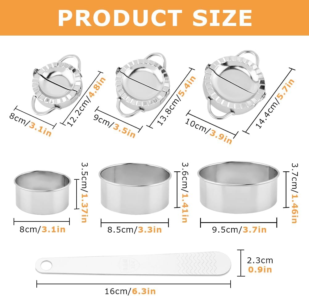 3-in-1 Stainless Steel Dumpling Maker Set, 7pcs Dumpling Press Mol-d Kit with Ring Cu-ttersand Stuffing Spoon, 3/3.5/4inch Handmade Cooking Dumplin g Making Tool(COLOR:silver)