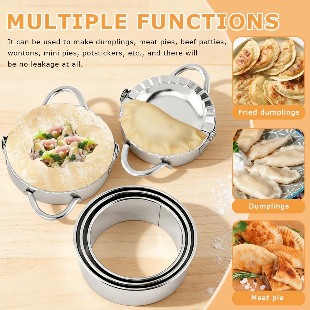3-in-1 Stainless Steel Dumpling Maker Set, 7pcs Dumpling Press Mol-d Kit with Ring Cu-ttersand Stuffing Spoon, 3/3.5/4inch Handmade Cooking Dumplin g Making Tool(COLOR:silver)