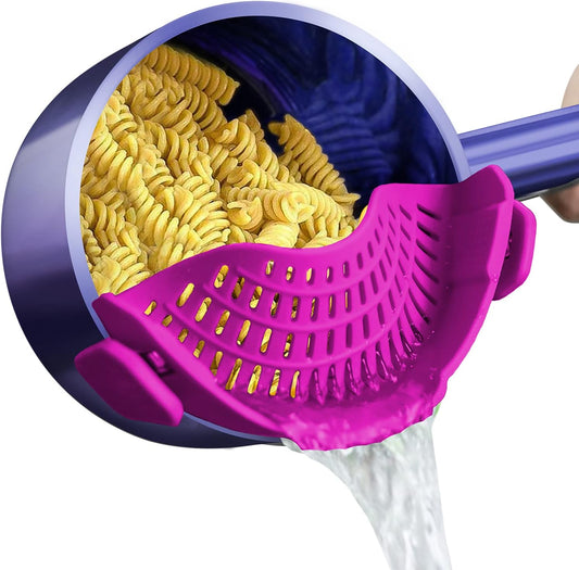 Clip On Strainer Silicone for Pots, Standard 8.86 x 3.55in, Purple | Food-grade BPA-free, Fits Pots Pans Bowls, Dishwasher Safe, for Pasta Noodles Vegetable Fruits, Space-saving Kitchen Gadget