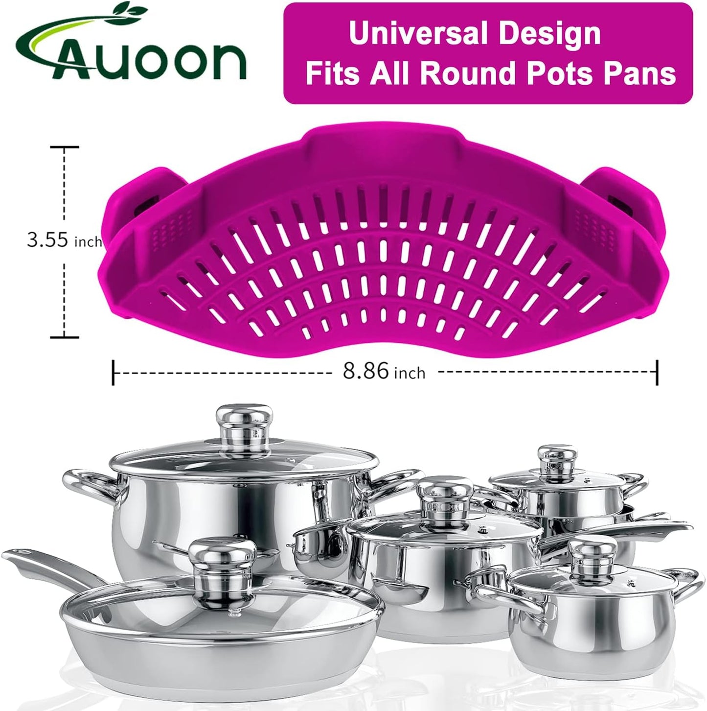 Clip On Strainer Silicone for Pots, Standard 8.86 x 3.55in, Purple | Food-grade BPA-free, Fits Pots Pans Bowls, Dishwasher Safe, for Pasta Noodles Vegetable Fruits, Space-saving Kitchen Gadget