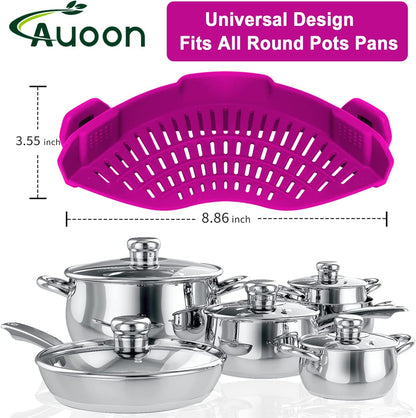 Clip On Strainer Silicone for Pots, Standard 8.86 x 3.55in, Purple | Food-grade BPA-free, Fits Pots Pans Bowls, Dishwasher Safe, for Pasta Noodles Vegetable Fruits, Space-saving Kitchen Gadget