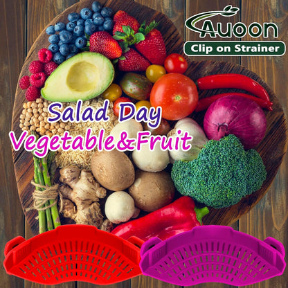Clip On Strainer Silicone for Pots, Standard 8.86 x 3.55in, Purple | Food-grade BPA-free, Fits Pots Pans Bowls, Dishwasher Safe, for Pasta Noodles Vegetable Fruits, Space-saving Kitchen Gadget
