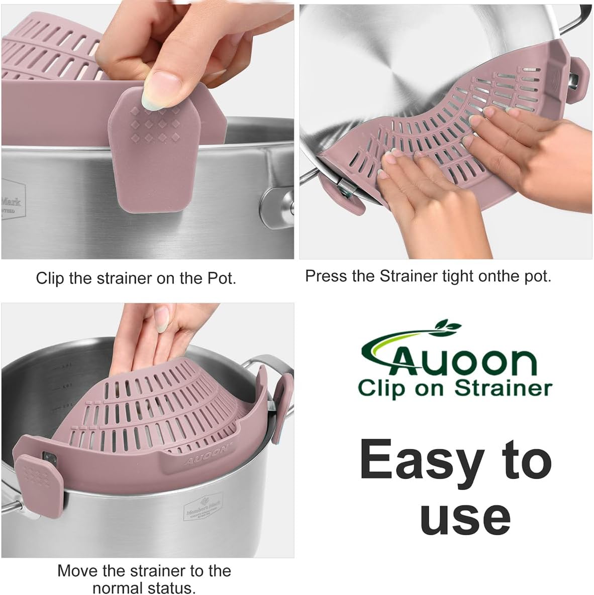 Clip On Strainer Silicone for Pots, Standard 8.86 x 3.55in, Purple | Food-grade BPA-free, Fits Pots Pans Bowls, Dishwasher Safe, for Pasta Noodles Vegetable Fruits, Space-saving Kitchen Gadget