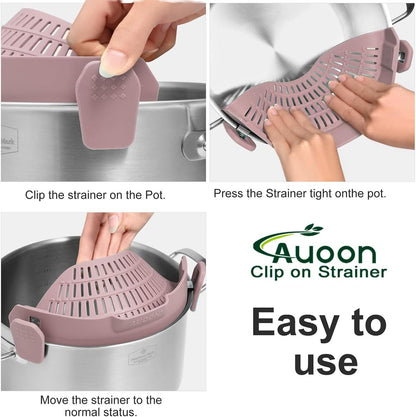 Clip On Strainer Silicone for Pots, Standard 8.86 x 3.55in, Purple | Food-grade BPA-free, Fits Pots Pans Bowls, Dishwasher Safe, for Pasta Noodles Vegetable Fruits, Space-saving Kitchen Gadget