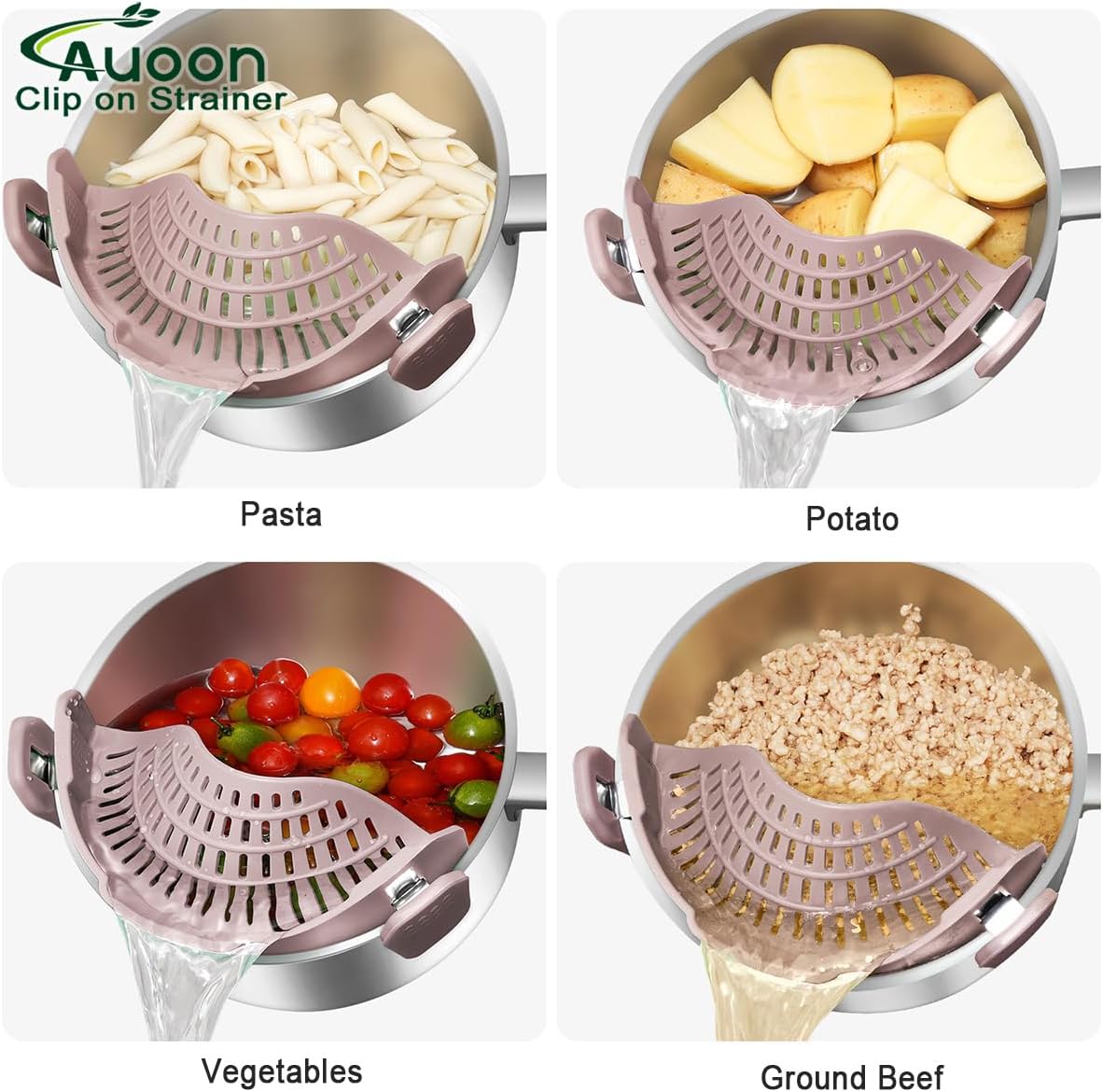 Clip On Strainer Silicone for Pots, Standard 8.86 x 3.55in, Purple | Food-grade BPA-free, Fits Pots Pans Bowls, Dishwasher Safe, for Pasta Noodles Vegetable Fruits, Space-saving Kitchen Gadget