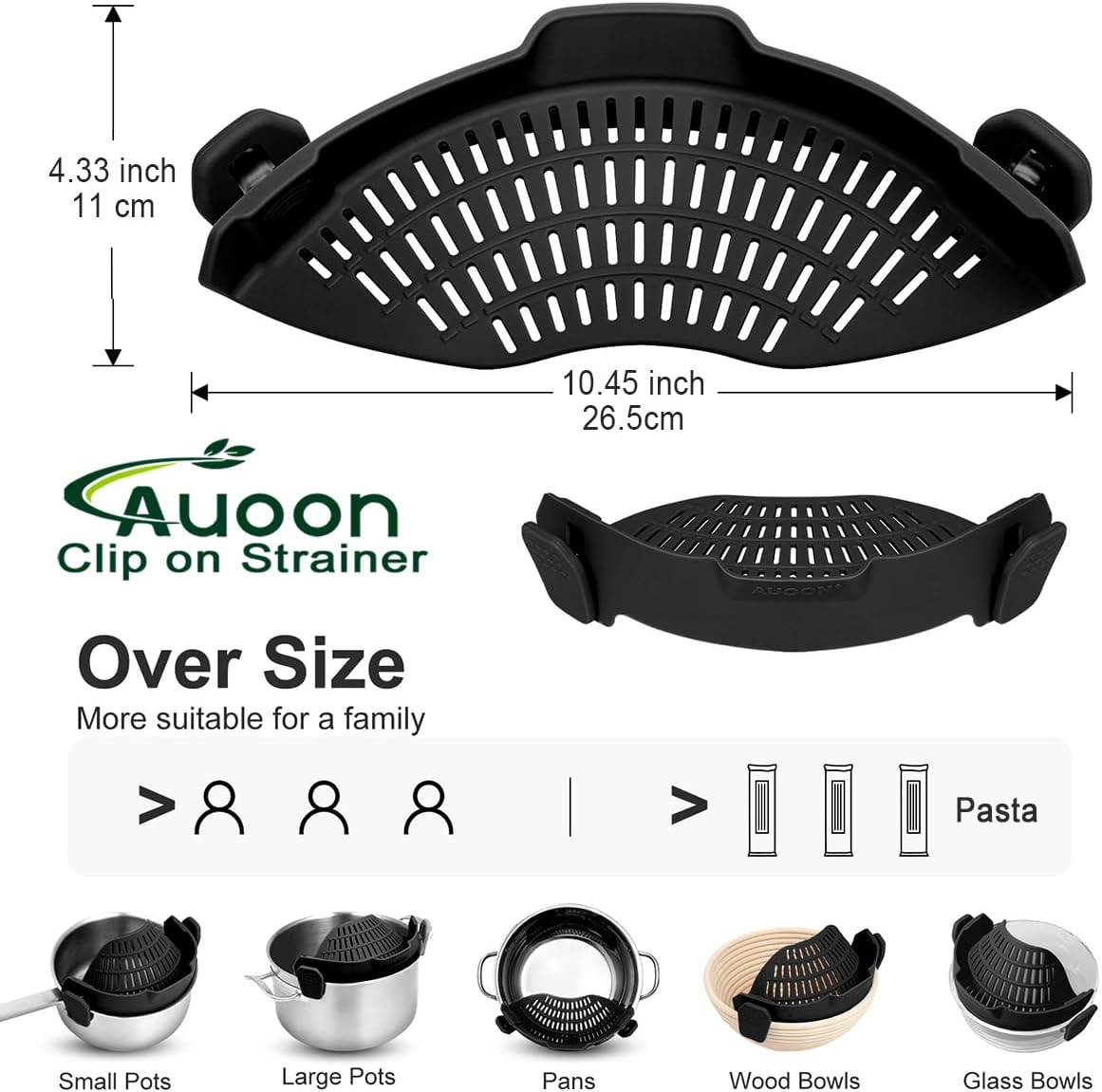 Clip On Strainer Silicone for Pots, Standard 8.86 x 3.55in, Purple | Food-grade BPA-free, Fits Pots Pans Bowls, Dishwasher Safe, for Pasta Noodles Vegetable Fruits, Space-saving Kitchen Gadget