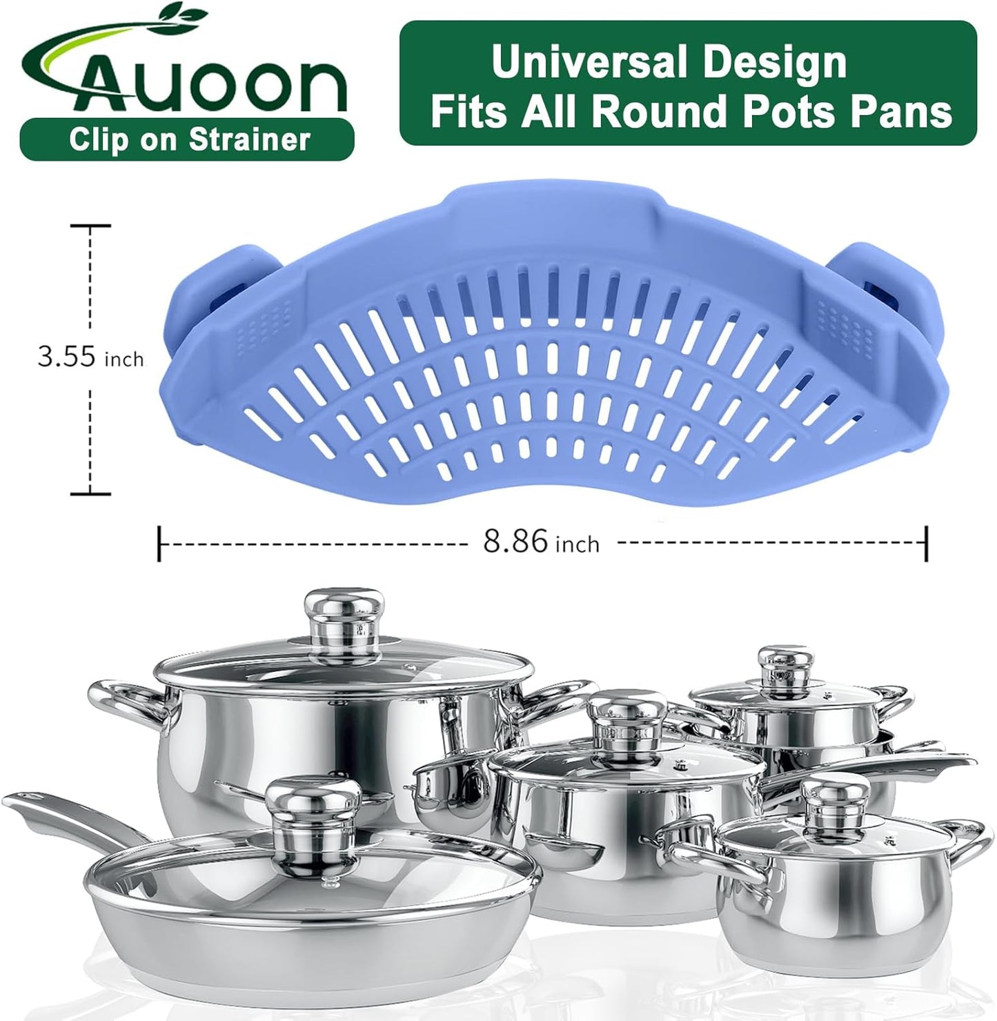 Clip On Strainer Silicone for Pots, Standard 8.86 x 3.55in, Purple | Food-grade BPA-free, Fits Pots Pans Bowls, Dishwasher Safe, for Pasta Noodles Vegetable Fruits, Space-saving Kitchen Gadget