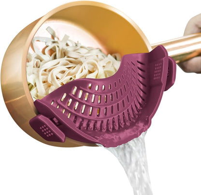 Clip On Strainer Silicone for Pots, Standard 8.86 x 3.55in, Purple | Food-grade BPA-free, Fits Pots Pans Bowls, Dishwasher Safe, for Pasta Noodles Vegetable Fruits, Space-saving Kitchen Gadget